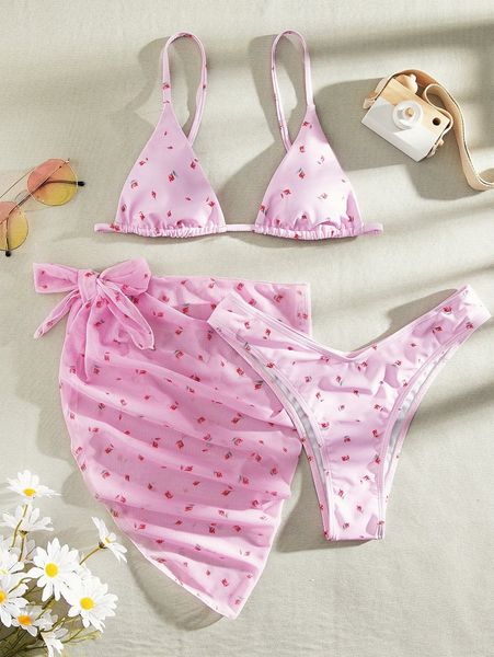 

3pack floral triangle bikini swimsuit with beach skirt w2pq#, White;black