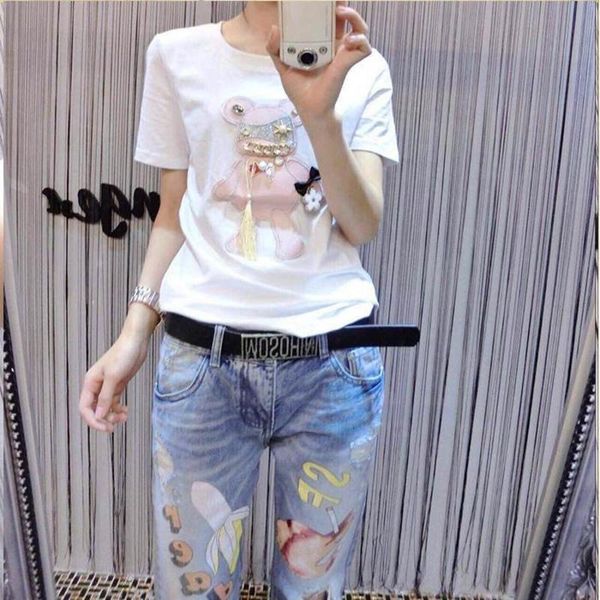 

short-sleeve wholesale-summer new arrival plus size clothing beading slim basic shirt, White