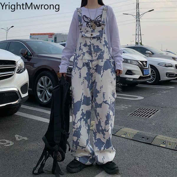 

shoulder strap suspender pocket baggy cow tie dye print contrast denim romper streetwear harajuku jeans woman man pant korean women's p, Black;white