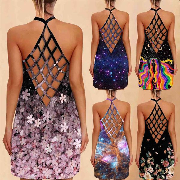 

fashion flower print summer sleeveless womens dress o neck loose casual a line backless beach party mini vestidos, Black;gray