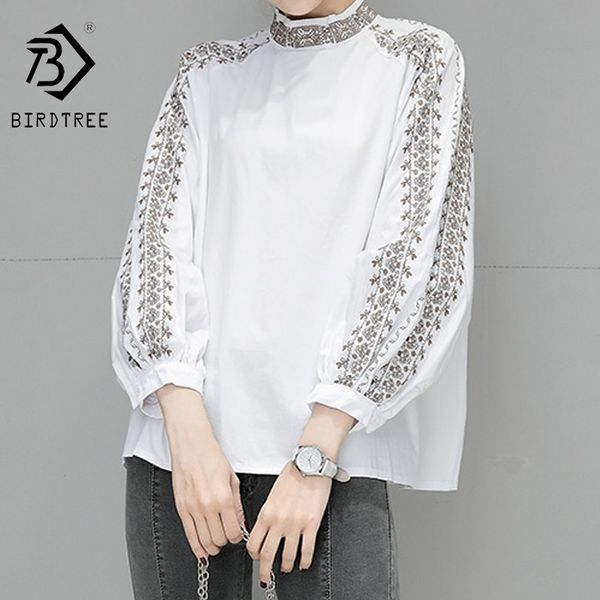 

spring new women embroidery elegant cotton stand collar shirt casual white long sleeve blouse t01315m 210419