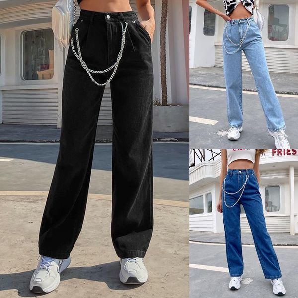 

women's jeans women european and american fashion loose high waist chain straight pants fall winter, Blue