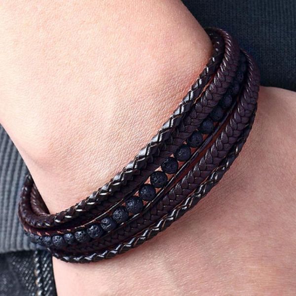 

tennis fashion leather bracelet for men coffee braid multilayer stone rope chain stainless steel magnetic clasp male jewelry gifts, Golden;silver
