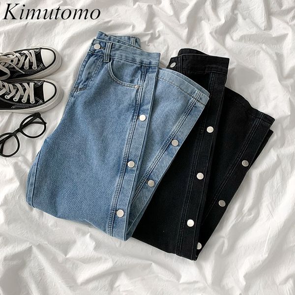 

kimutomo jeans spring fashion korean style ladies high waisted buttons zipper pockets streetwear women jeans casual 210521, Blue
