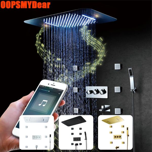 

bluetooth shower set bathroom led touch system ceilling mount remote bath faucet smart phone rain waterfall music grifos sets