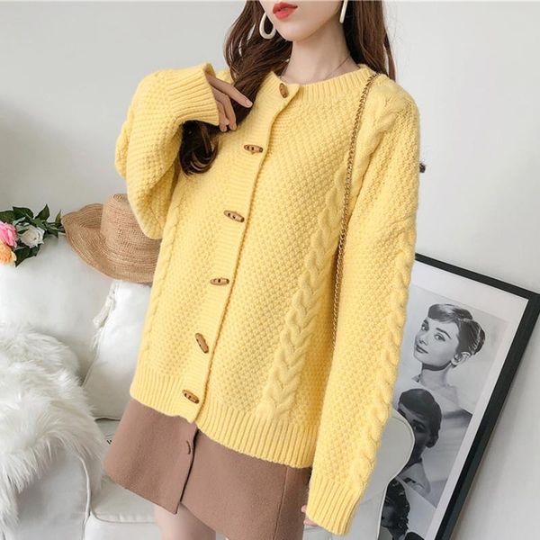 

women's knits & tees [ewq] fashion chic yellow knitted cardigan women's autumn 2021 o-neck loose single breasted long sleeve sweate, White