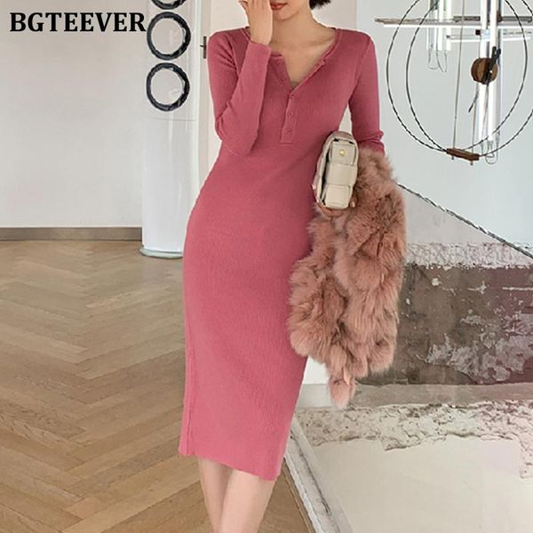 

casual dresses bgteever sim o-neck buttons women knitted split pencil dress long sleeve female stretched bodycon sweater 2021, Black;gray