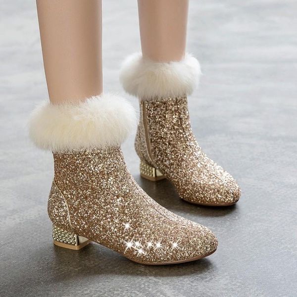 

boots us4-11 womens sequins bling ankle fur decor block chunky low heel side zip warm winter shoes gold sliver black pl