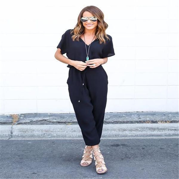 

women's jumpsuits & rompers fashion summer v neck cross lacing solid chiffon casual women lace up suits 2021, Black;white