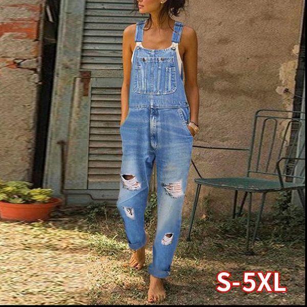 

women jumpsuit denim overall long casual romper jeans woman jean jumpsuits plus size pant trousers hole ripped bodysuit, Black;white