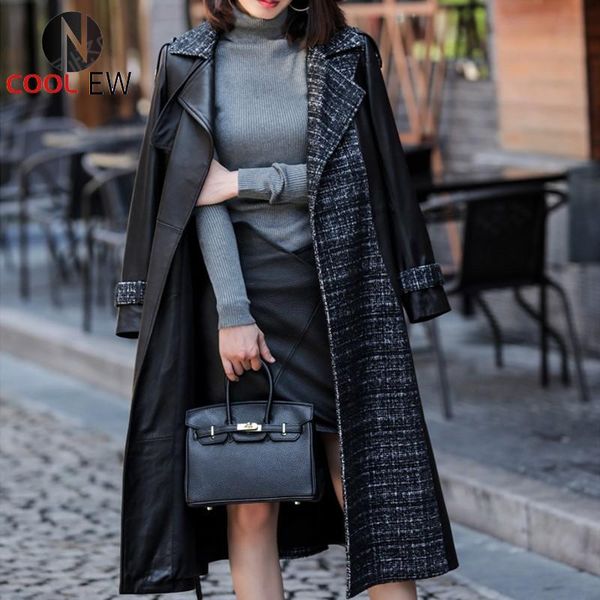 

women's leather & faux korean style slim patchwork sheepskin long jacket women luxury casual winter belt real coats black overcoat