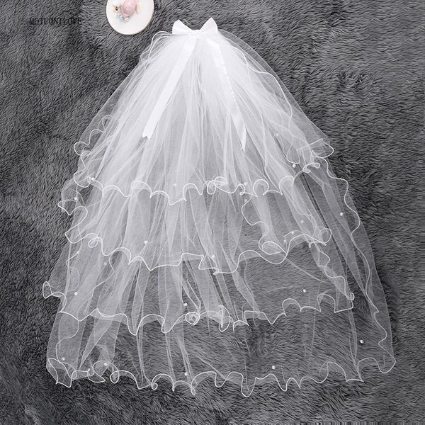 

bridal veils in stock short with comb pearls bow ribbon four multi layers tulle elbow length wedding for bride ve024, Black