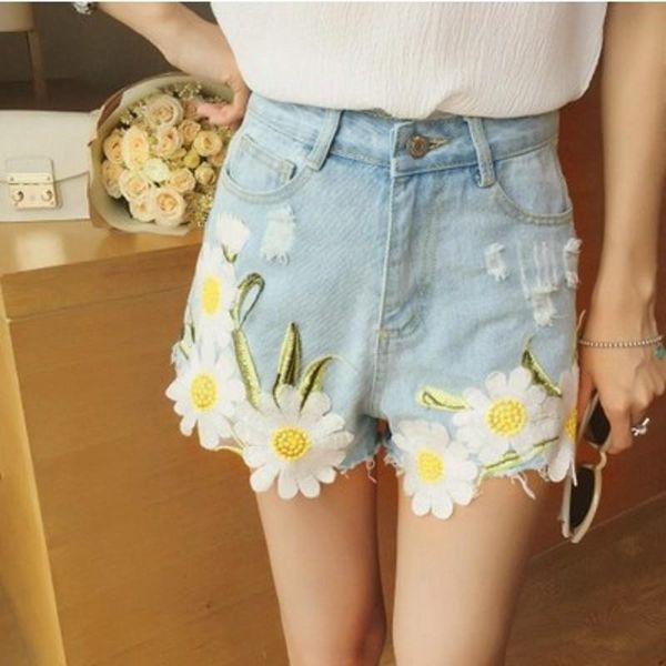 

embroidery jeans loose shorts summer femme woman 7js024 women's, Blue