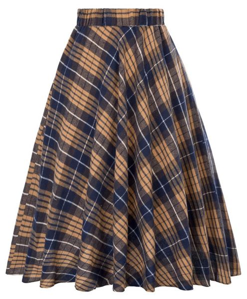 

skirts womens vintage plaid checked a-line pleated skirt spring autumn elastic waist, Black