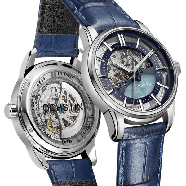 

wristwatches ochstin men's watches transparent luxury casual leather strap men mechanical wrist watch skeleton automatic mens wristwatc, Slivery;brown