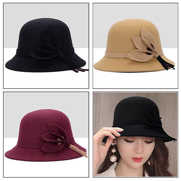 

stingy brim hats autumn winter fashion hat for ladies vintage flower wide women fedoras bucket solid color sun visor cap accessories, Blue;gray