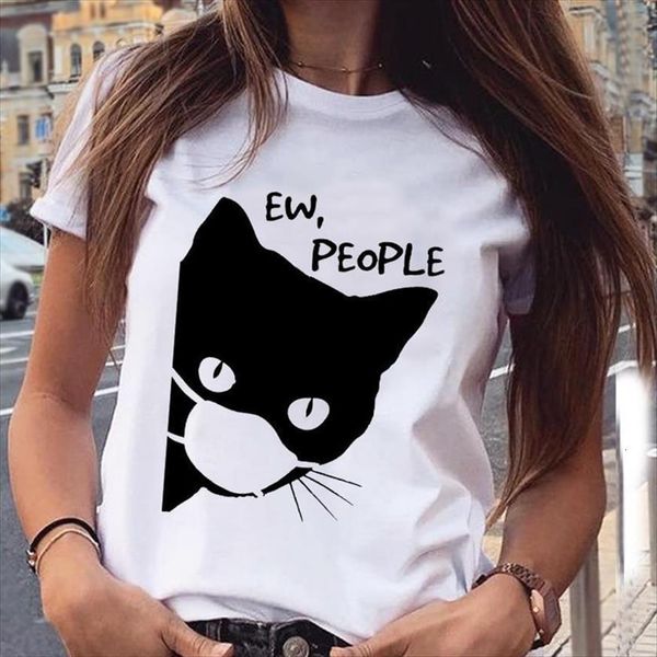 

graphic cat funny face women animal fashion short sleeve spring summer cartoon print female clothes, White