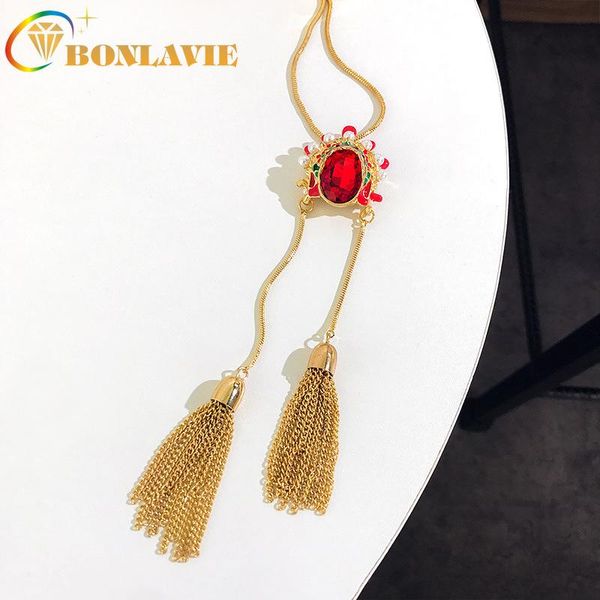 

chinese style peking opera face necklace women's long metal tassel vintage sweater chain red crystal pendant necklaces, Silver