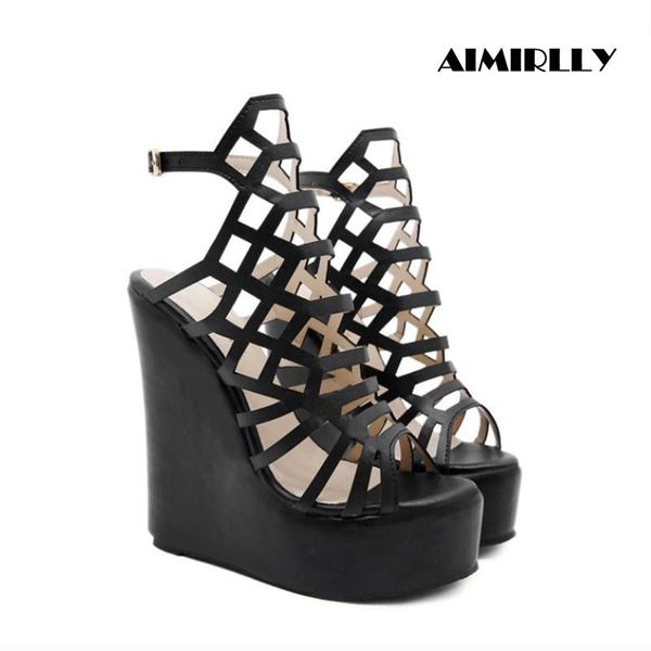 

women's hollow wedge platform strappy sandals spring summer high heels shoes black ankle buckle slingback dress