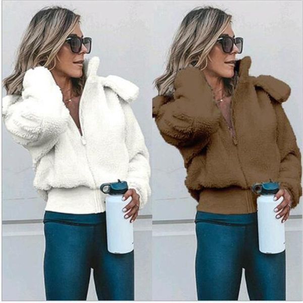 

women's jackets 2021 autumn winter jacket lapel hooded zipper plush thickened warm short coat clothes, Black;brown