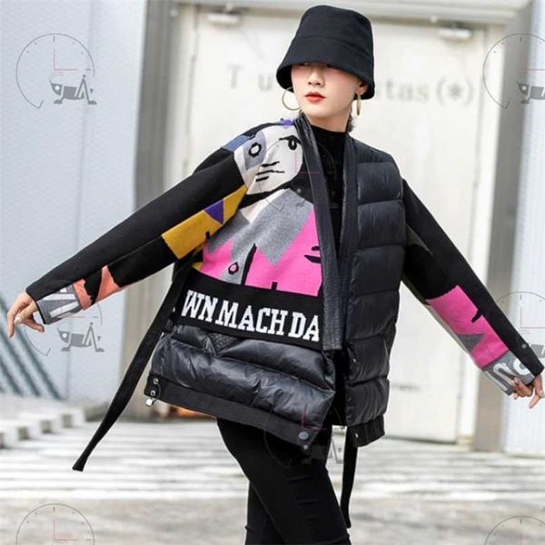 

[ewq] panelled print cotton padded coats autumn army green overcoats jackets thickened cartoon keeps warm queen clothing 211108, Black