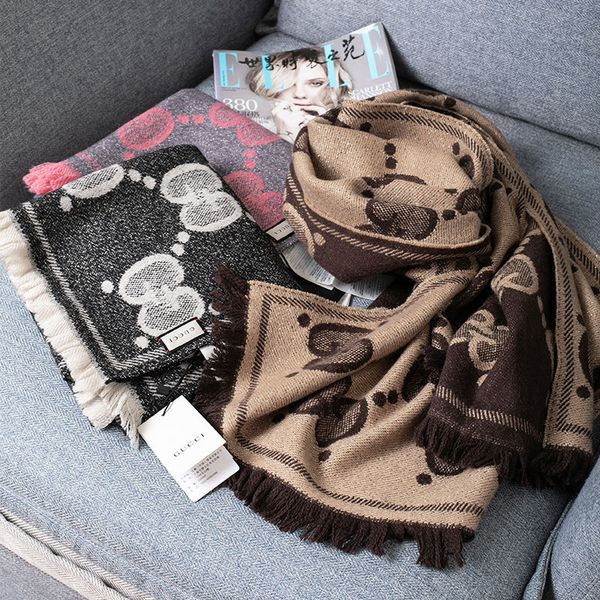 

g family wool gold silver wool shawl autumn winter double-sided jacquard letter scarf, Blue;gray