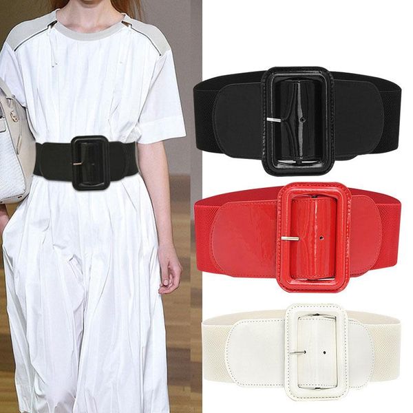 

big buckle wide waist belt corset slim decorative waistband elastic cummerbunds fashion women patent leather belts, Black;brown