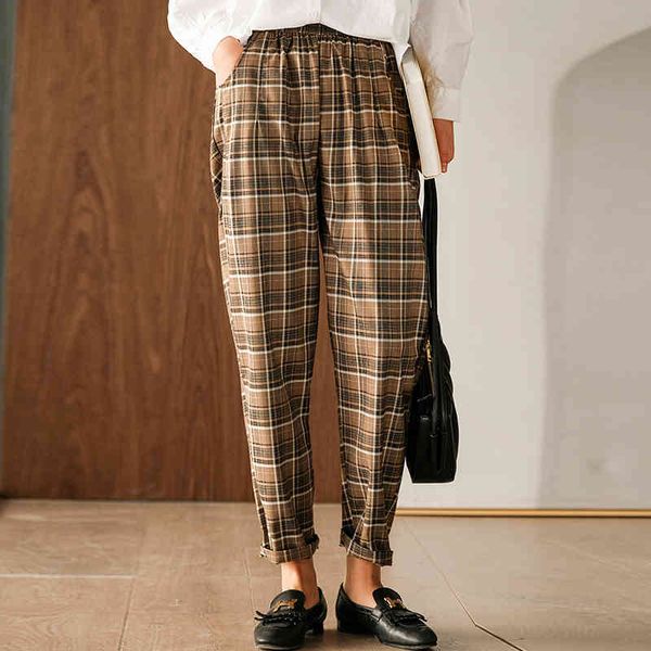 

johnature women plaid cotton all-match harem pants summer casual loose simple ankle-length british style pants 210521, Black;white