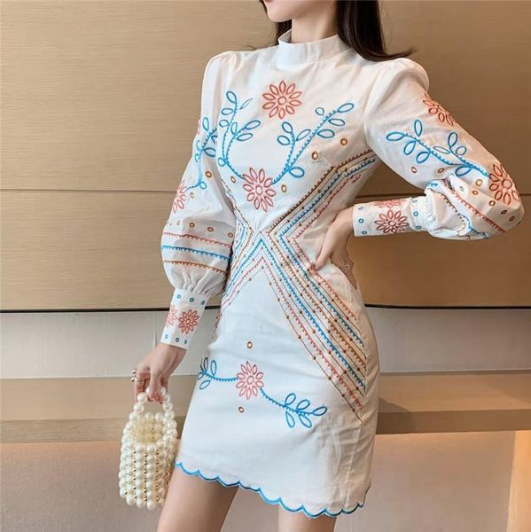 

casual dresses jsxdhk brand designer ladies stand collar dress 2021 spring flower embroidery white lantern sleeve bodycon pencil mini, Black;gray