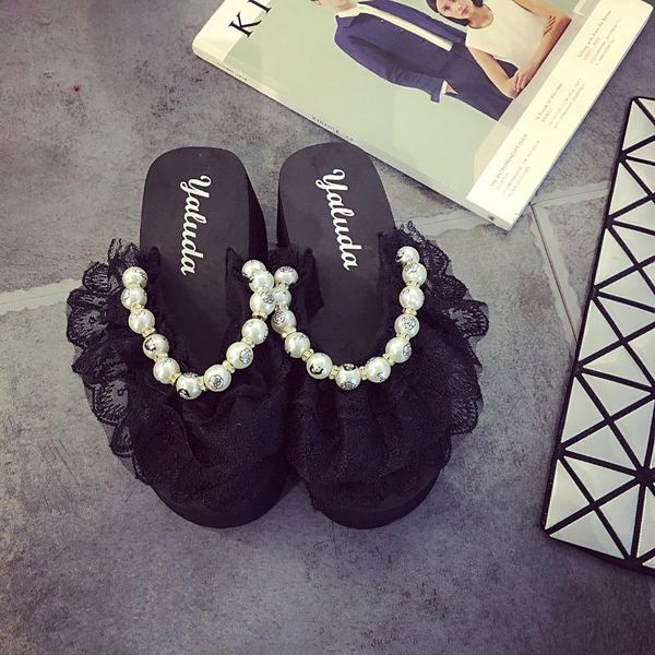 

slippers women thick sole 2021 summer outdoor beach flip flop sandals female lace edge pearl wedges non slip platform slides, Black