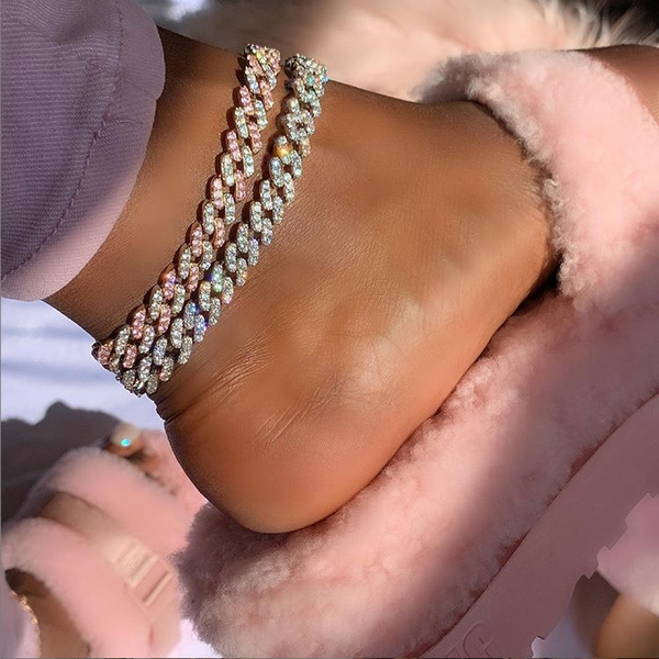 

iced out 9mm width bling 5a cz cuban link chain leg chain foot jewelry wholesale women 9 10 pink pinky color cuban anklet, Red;blue