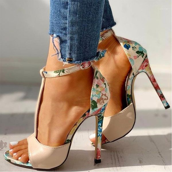 

summer sandals women peep toe print flower ankle t- strap thin high heels female fashion ladies shoes stilettos1, Black