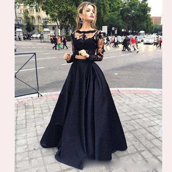 

party dresses black two pieces prom long with sleeves a line crew lace evening, White;black