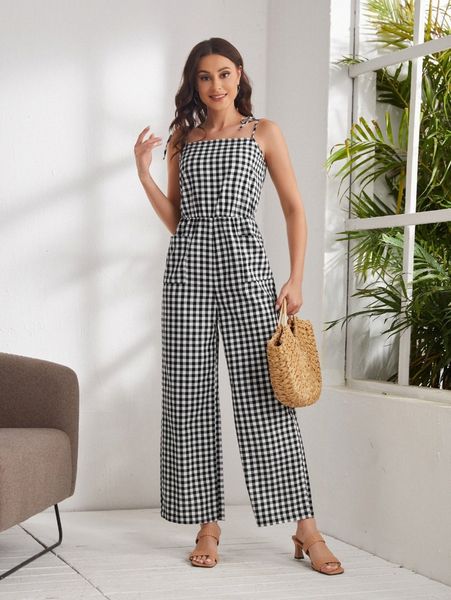 

emery rose buffalo plaid print dual pocket knot shoulder jumpsuit r6tu#, White