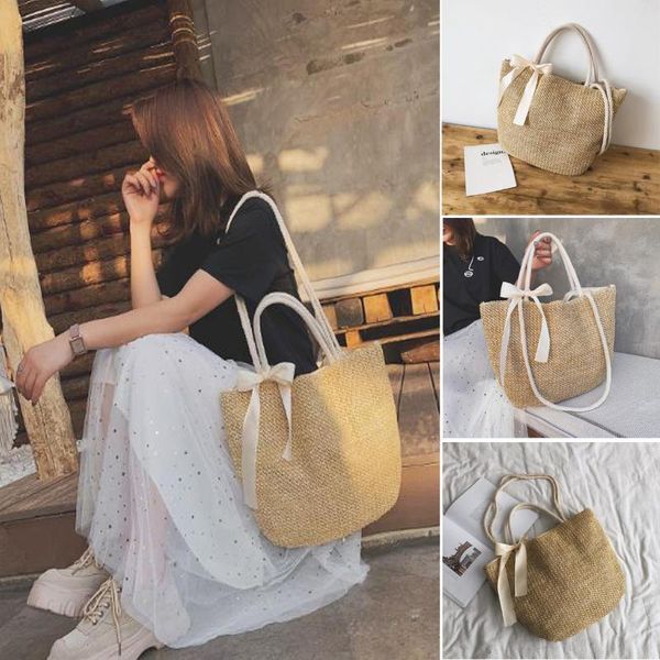 

evening bags casual stylish straw woven shoulder bag women ladies wild bowknot solid color fashion handle handbag for daily shopping