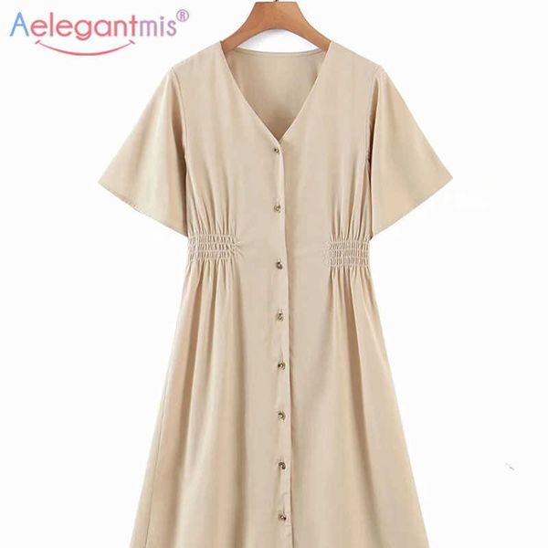

aelegantmis fashion high waist long dress for women v neck solid short sleeve casual folds mid calf vestido de mujer 210607, Black;gray