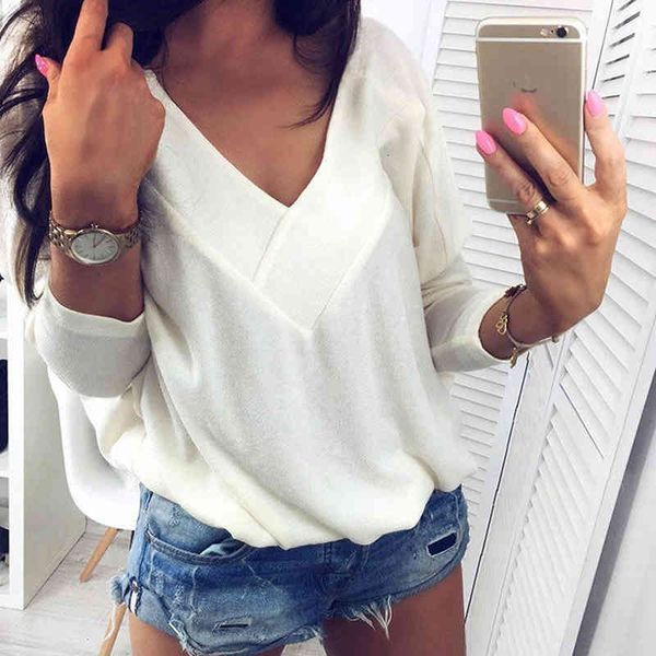 

women's t-shirt autumn t shirts v neck loose long sleeve casual solid veet tee-shirt vetement femme pbna, White