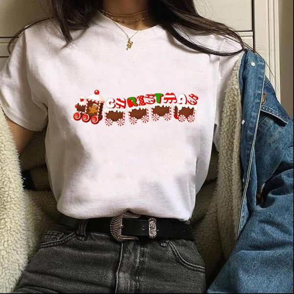 

print holiday cookies train merry women t shirt christmas graphic tees, White