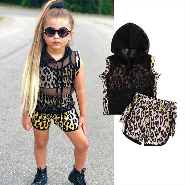 

2-7y fashion toddler kids girls clothes sets 3pcs mesh sleeveless vest hooded net leopard shorts, White