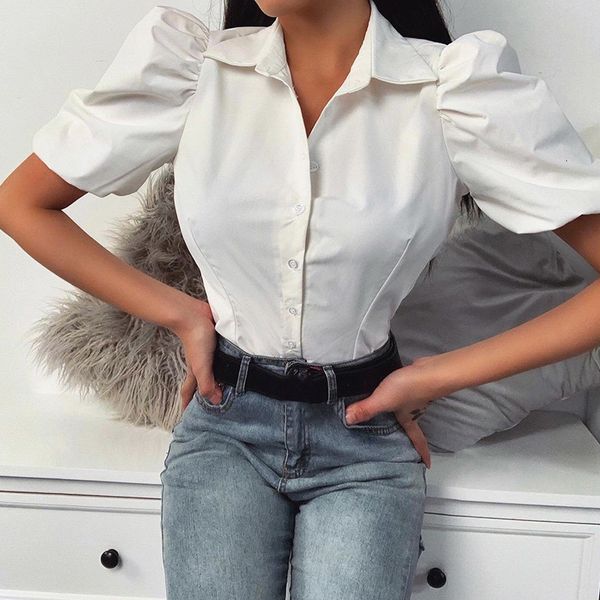 

women's blouses & shirts summer puff short sleeves slim buttons turn down collar female white vintage office ladies clothes