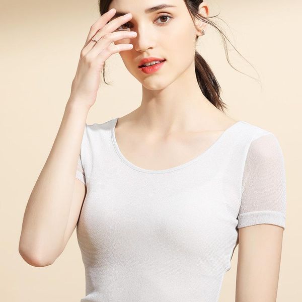 

white bright silk short sleeve t-shirt summer 2021 female round collar fashionable mesh bottoming tshirt women c0021 women's