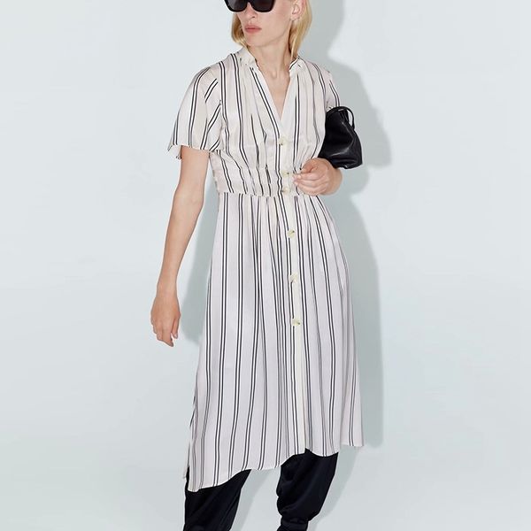 

women temperament striped dress short sleeve high waist mid calf split summer beach vacation xz2538 210525, Black;gray