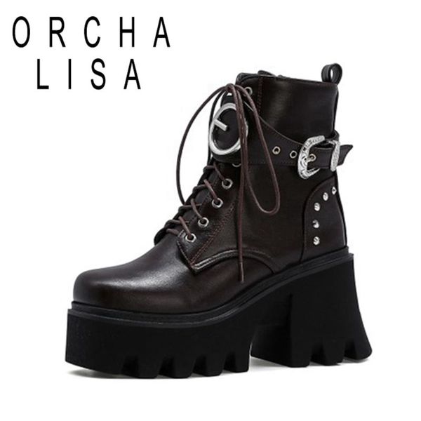

boots orchalisa ladies ankle 2021 square toe 9cm block heel platform lace-up buckle zip rivets cool big size 44 autumn c2282, Black