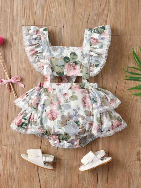 

baby girl allover floral tiered ruffle bodysuit she, Blue