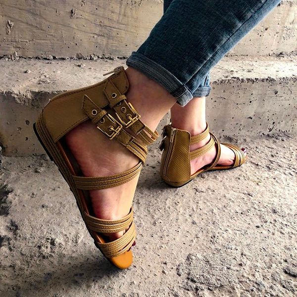 

sandals foreign trade large size bohemian flat-heeled cross-patterned leather covered metal buckle, Black