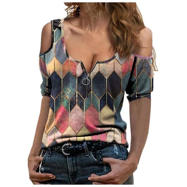

fashion women v-neck zip up t-shirts lapel geometric print zipper short sleeve off shoulder female jumper #t1q women's t-shirt, White