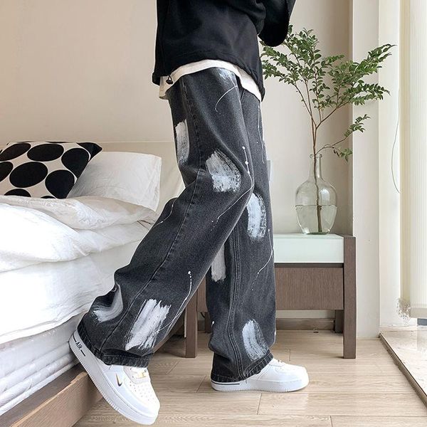 

men's jeans 2021 fashion trend straight pants baggy homme casual wash cloud printing black/black color trousers s-2xl, Blue
