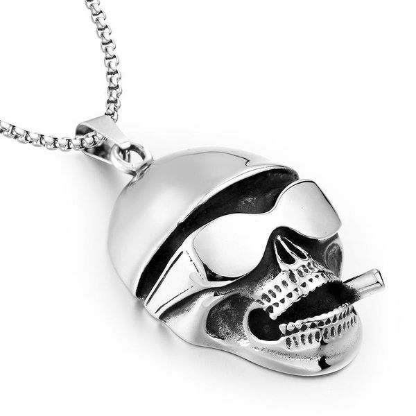 

men's titanium steel necklace trend with cigarette holder sunglasses ghost head pendant punk style hip hop rock jewelry necklaces, Silver