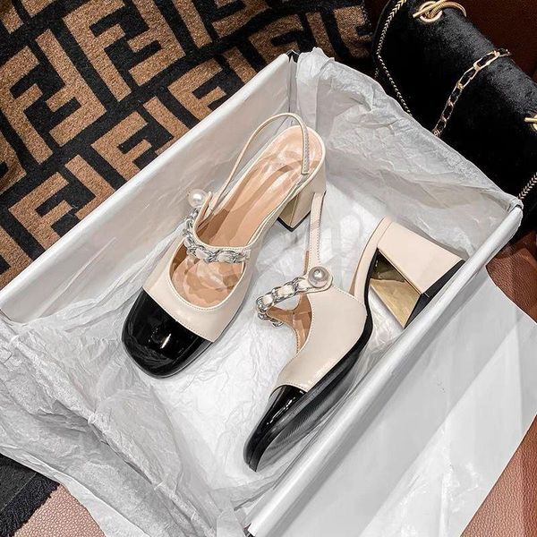 

french style sandals 2021 summer fashionable chunky heel buckle square toe contrast color and versatile mary jane shoes, Black