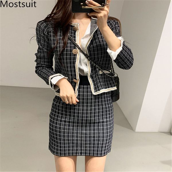 

plaid knitted 2 piece skirt suits sets women long sleeve coat + mini pencil skir outfits office fashion vintage 2 pcs 210514, White